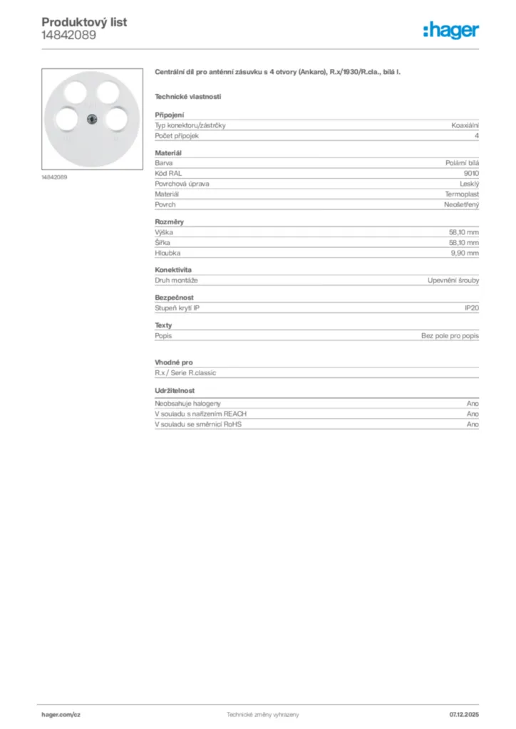 Obrázek Hager Product data sheet 14842089 | Hager