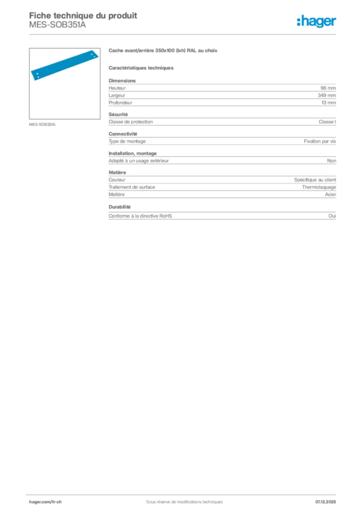 Image Hager Fiche technique du produit MES-SOB351A | Hager Suisse