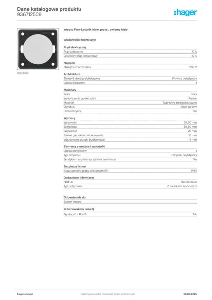 Zdjęcie Hager Dane katalogowe produktu 936712509 | Hager Polska