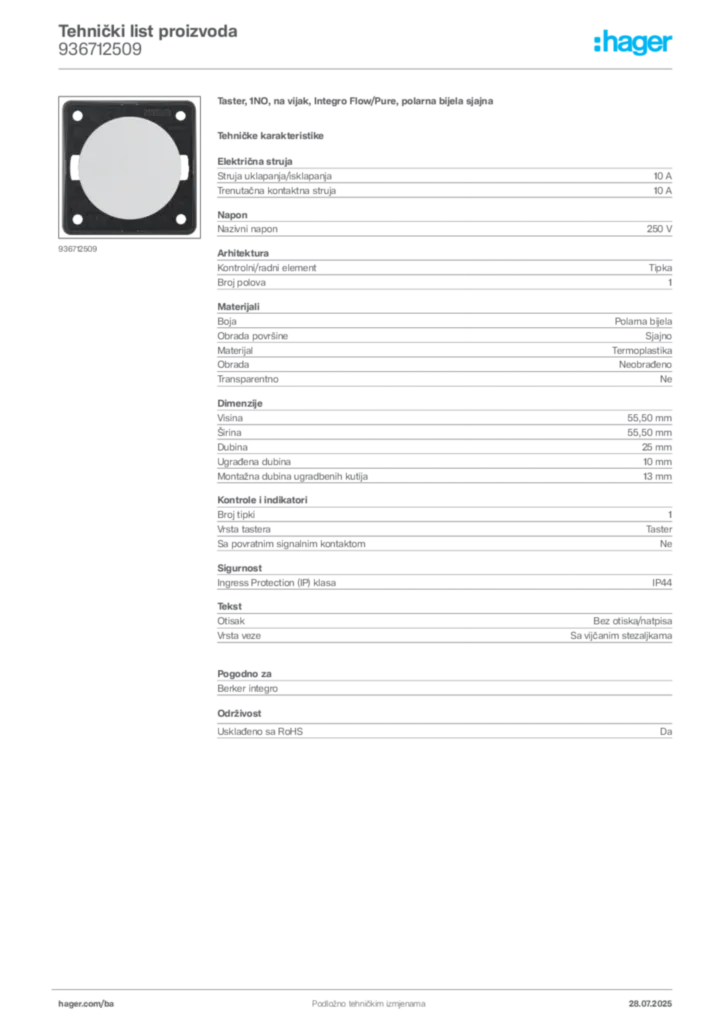 Slika Hager Product data sheet 936712509  | Hager