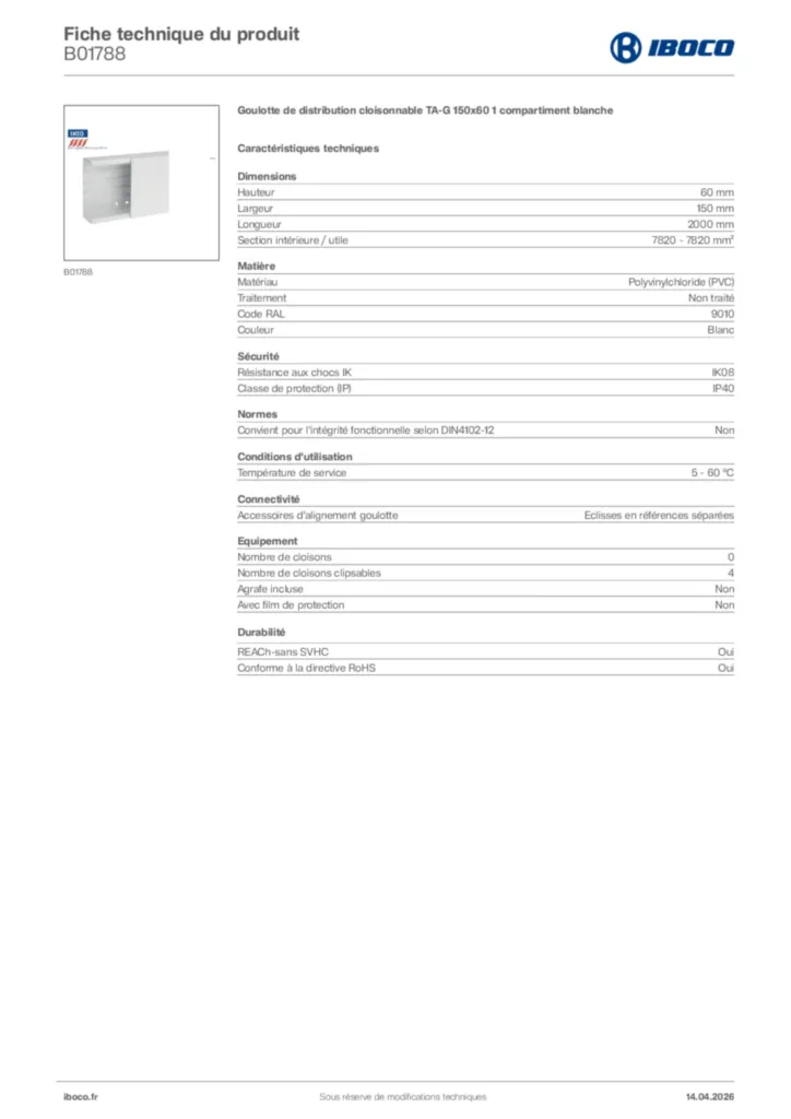 Image Iboco Fiche technique du produit B01788 | Hager France