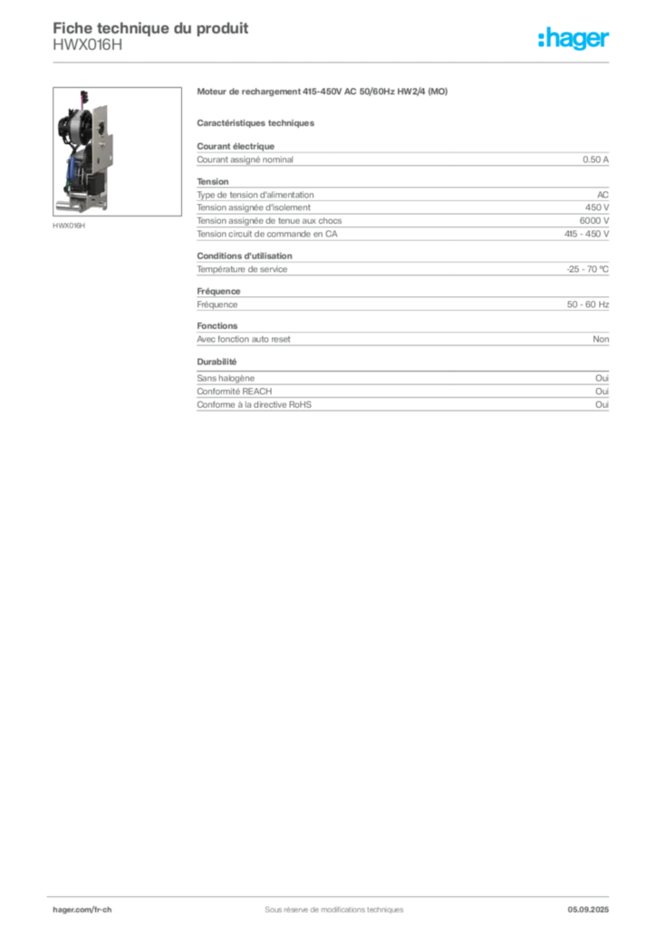 Image Hager Fiche technique du produit HWX016H | Hager Suisse