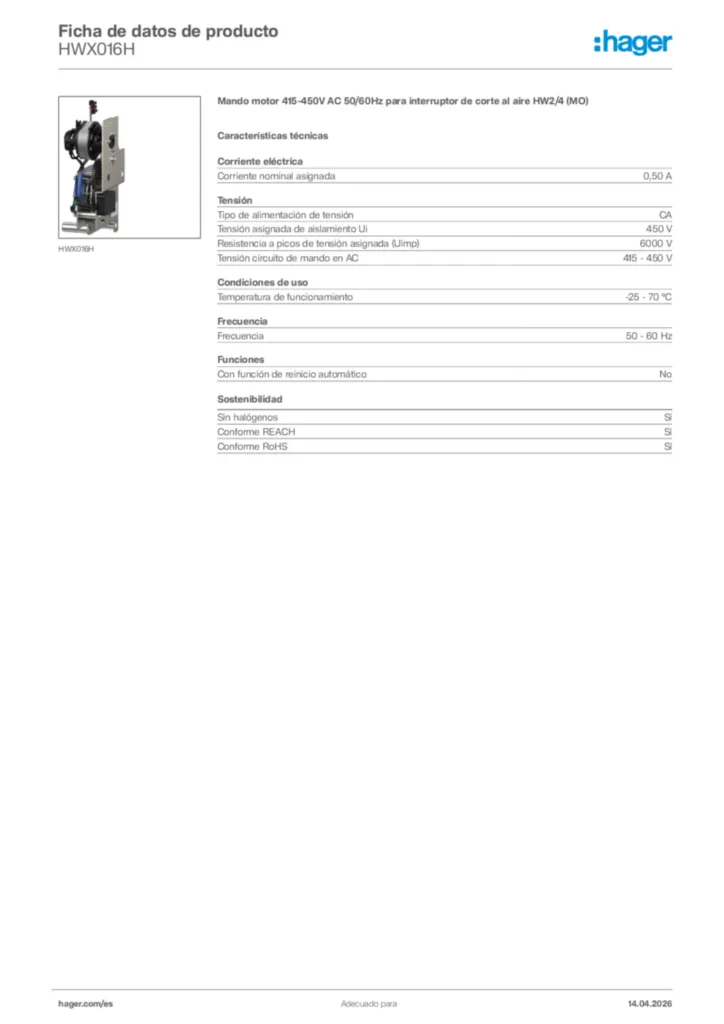 Imagen Hager Ficha de datos de producto HWX016H | Hager España
