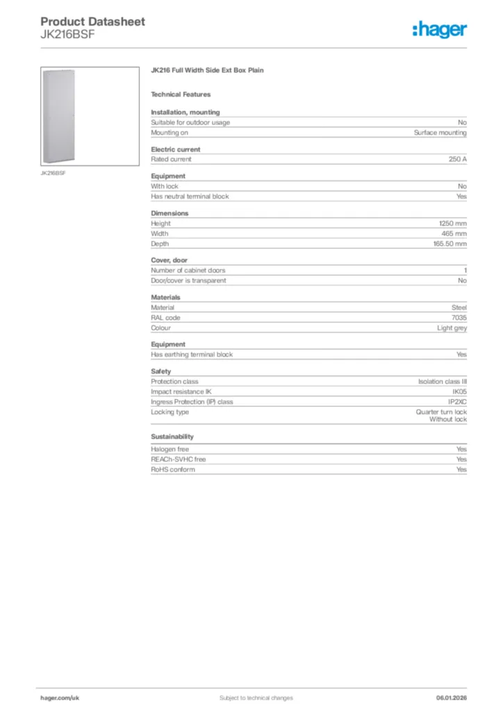 Image Hager Product data sheet JK216BSF  | Hager