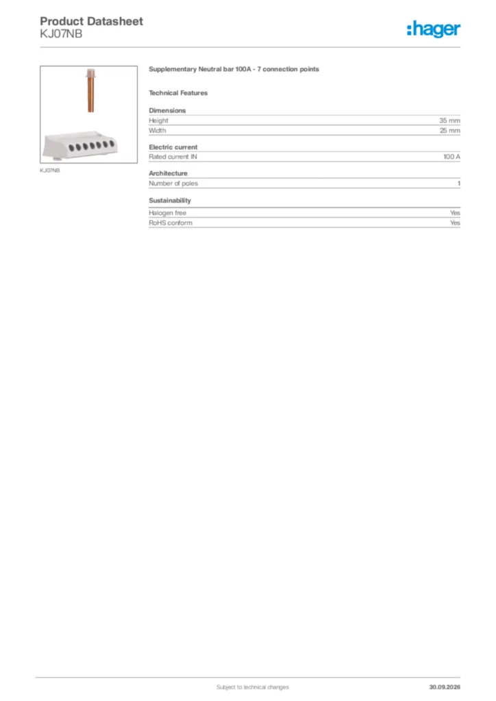 Image Hager Product data sheet KJ07NB  | Hager UK