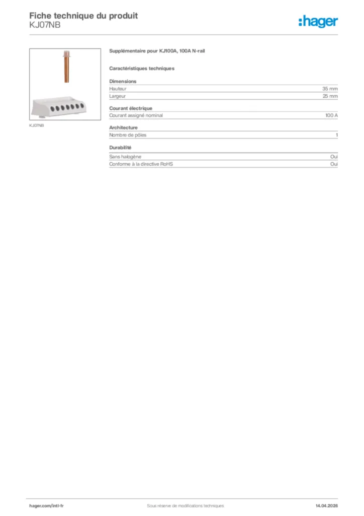 Image Hager Fiche technique du produit KJ07NB | Hager Afrique