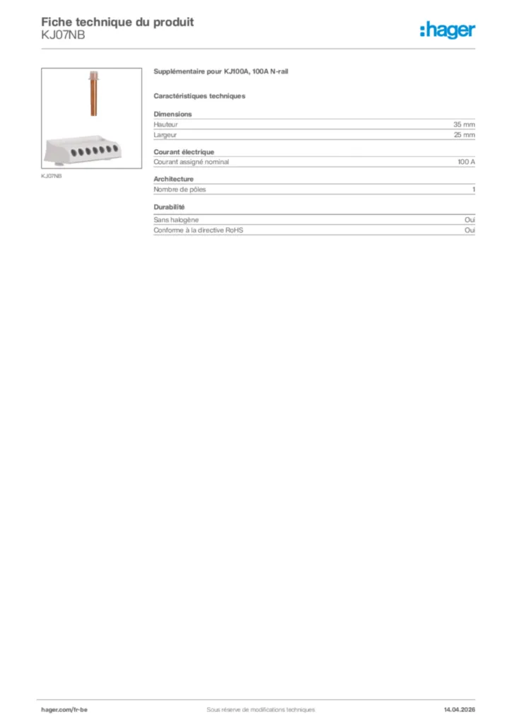 Image Hager Fiche technique du produit KJ07NB | Hager Belgique