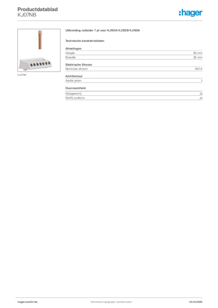 Afbeelding Hager Productdatablad KJ07NB | Hager Belgium