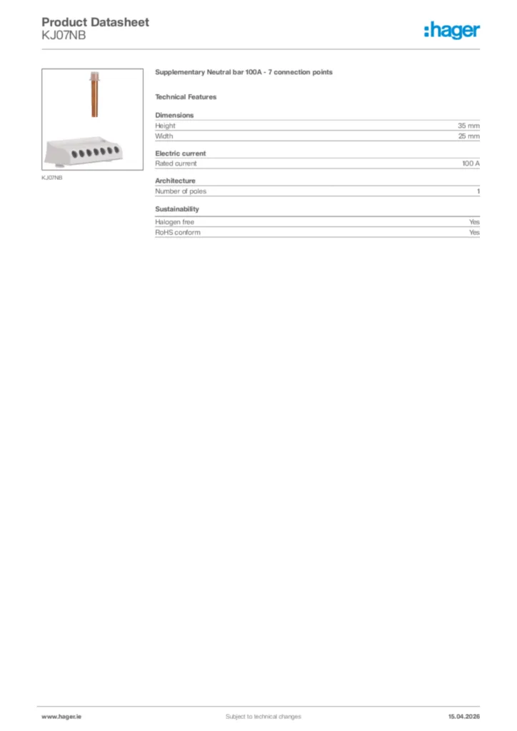 Image Hager Product data sheet KJ07NB  | Hager