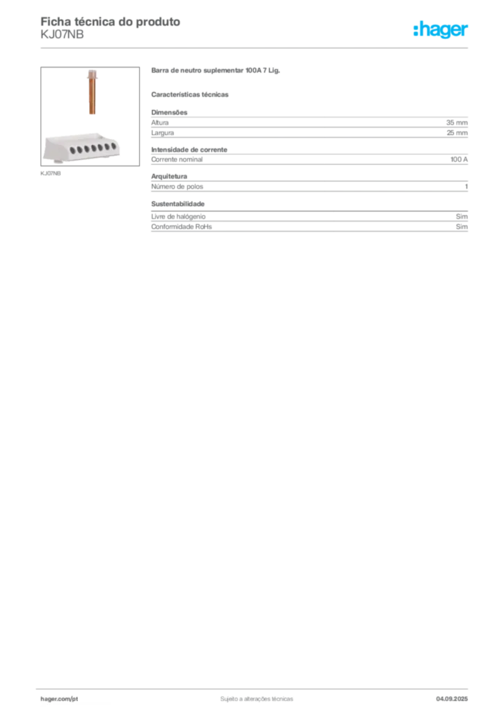 Imagem Hager Ficha técnica do produto KJ07NB | Hager Portugal