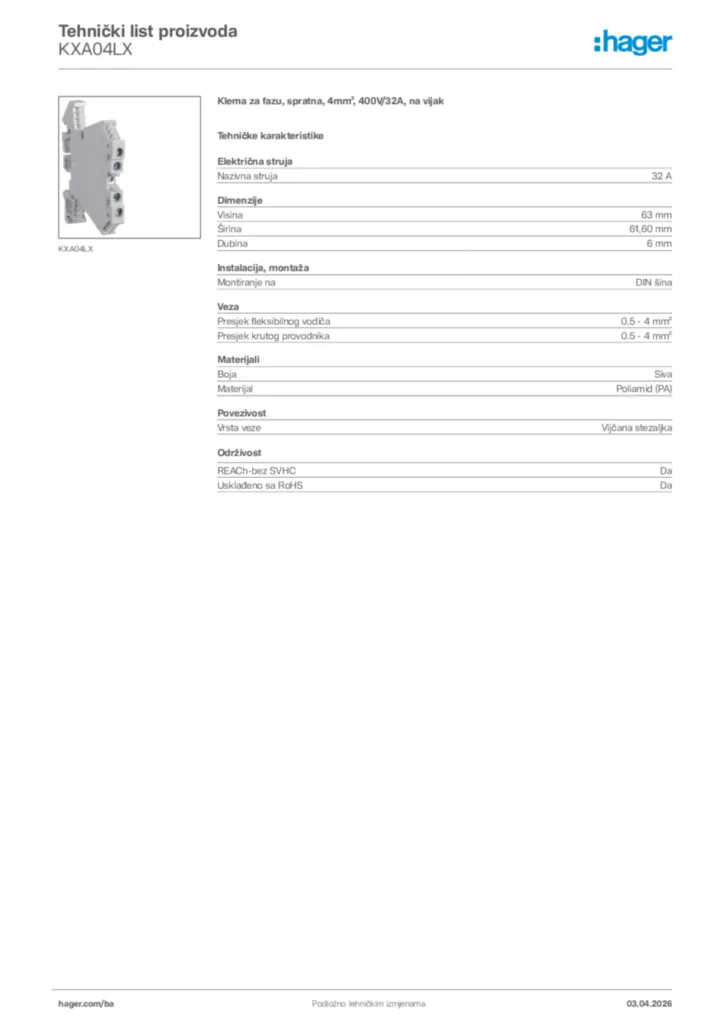 Slika Hager Tehnički list proizvoda KXA04LX  | Hager