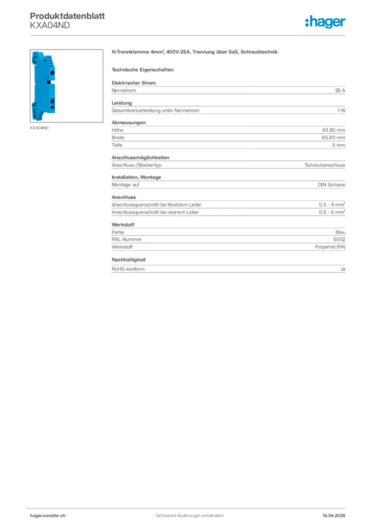 Bild Hager Produktdatenblatt KXA04ND | Hager Schweiz