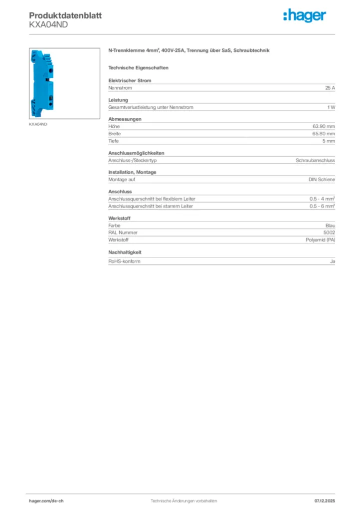 Bild Hager Produktdatenblatt KXA04ND | Hager Schweiz