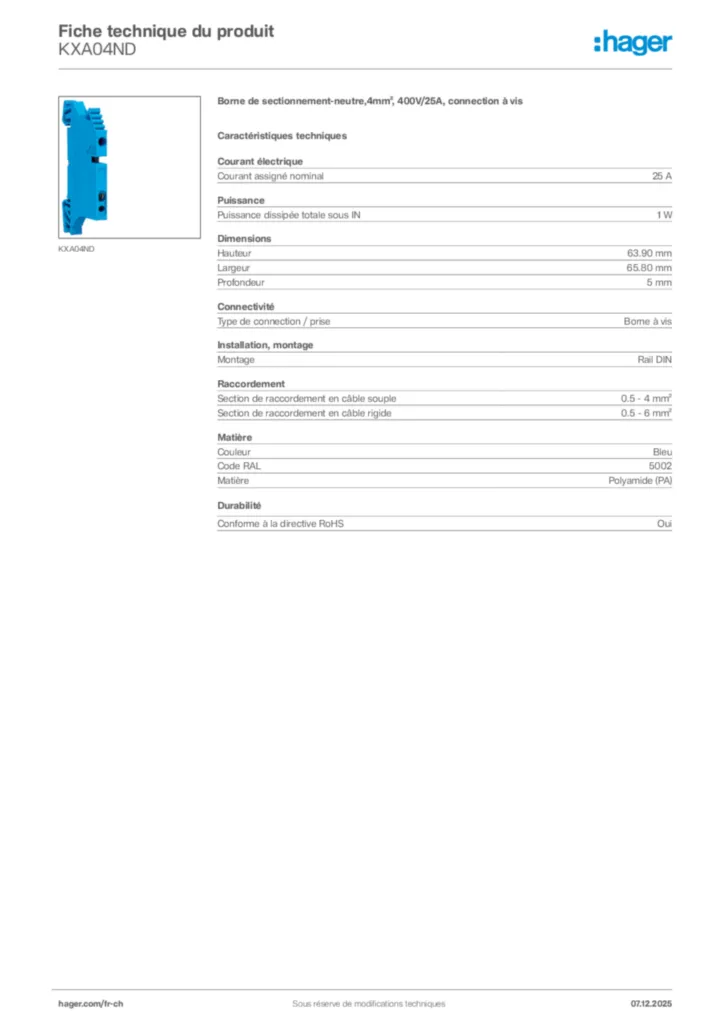 Image Hager Fiche technique du produit KXA04ND | Hager Suisse