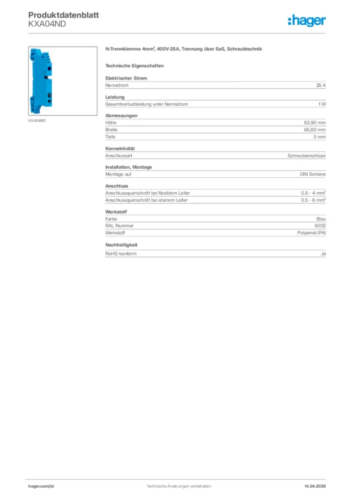 Bild Hager Produktdatenblatt KXA04ND | Hager Deutschland