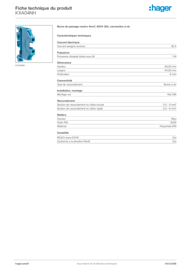 Image Hager Fiche technique du produit KXA04NH | Hager France