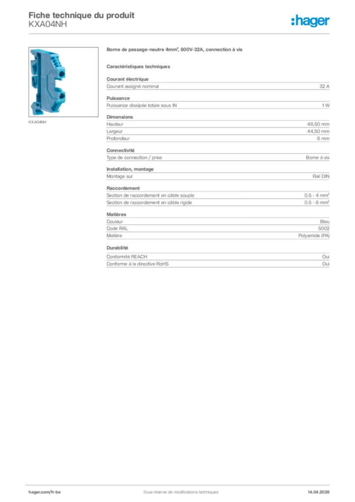 Image Hager Fiche technique du produit KXA04NH | Hager Belgique