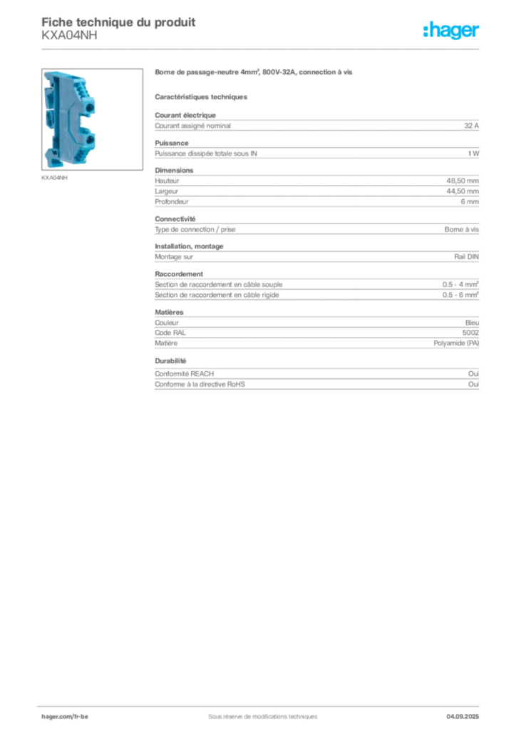 Image Hager Fiche technique du produit KXA04NH | Hager Belgique