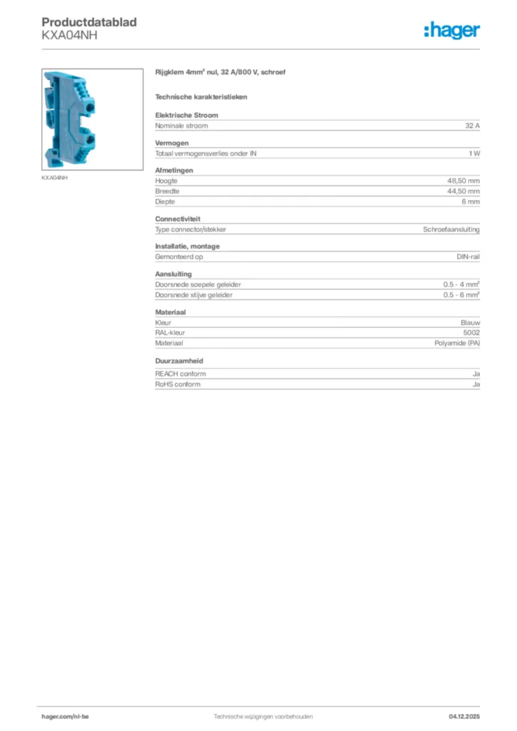 Afbeelding Hager Productdatablad KXA04NH | Hager Belgium