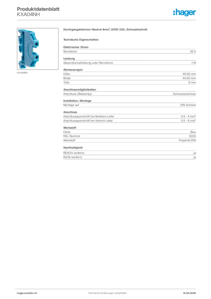 Bild Hager Produktdatenblatt KXA04NH | Hager Schweiz