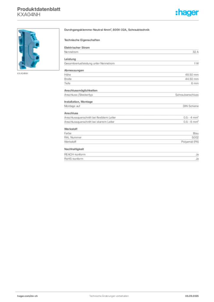 Bild Hager Produktdatenblatt KXA04NH | Hager Schweiz
