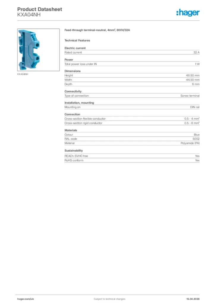 Image Hager Product data sheet KXA04NH  | Hager