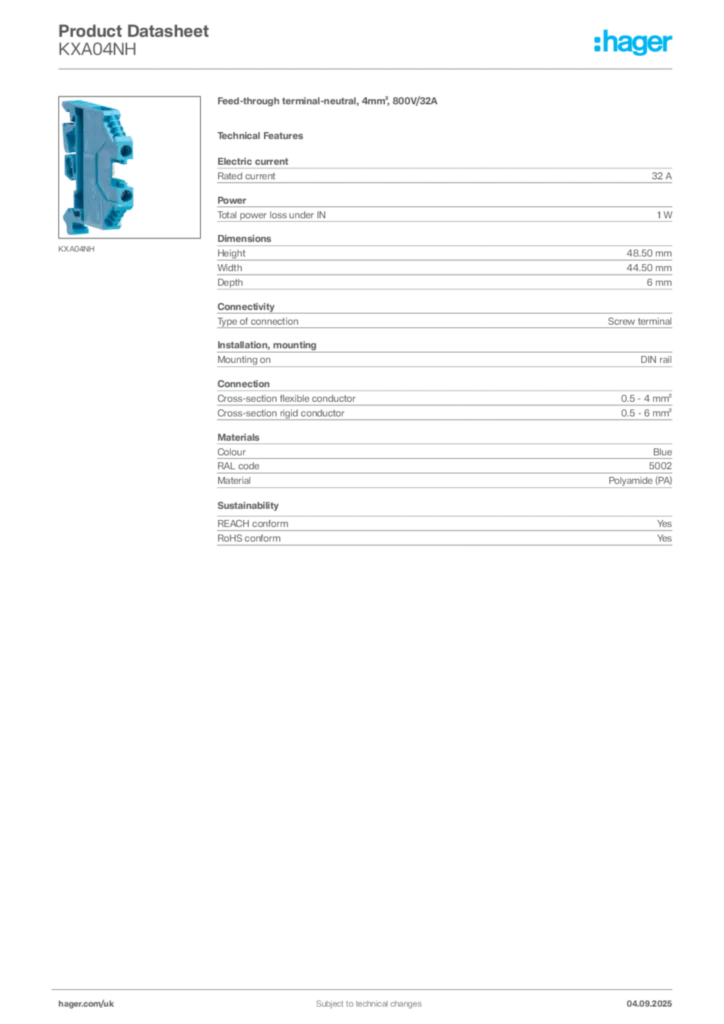 Image Hager Product data sheet KXA04NH  | Hager