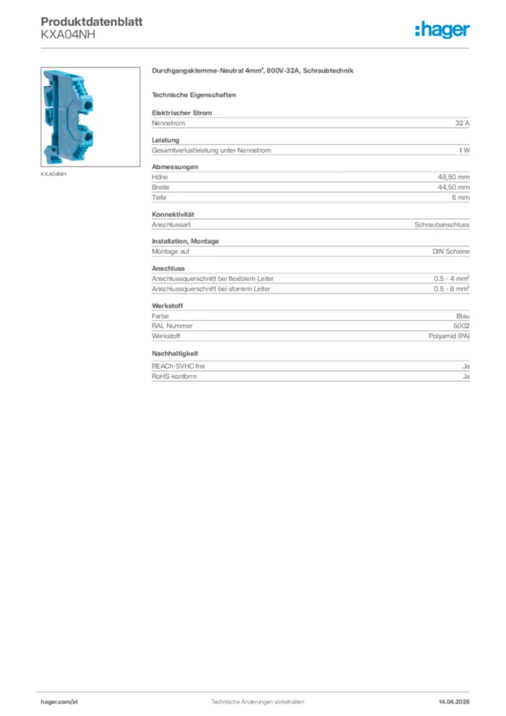 Bild Hager Produktdatenblatt KXA04NH | Hager Deutschland