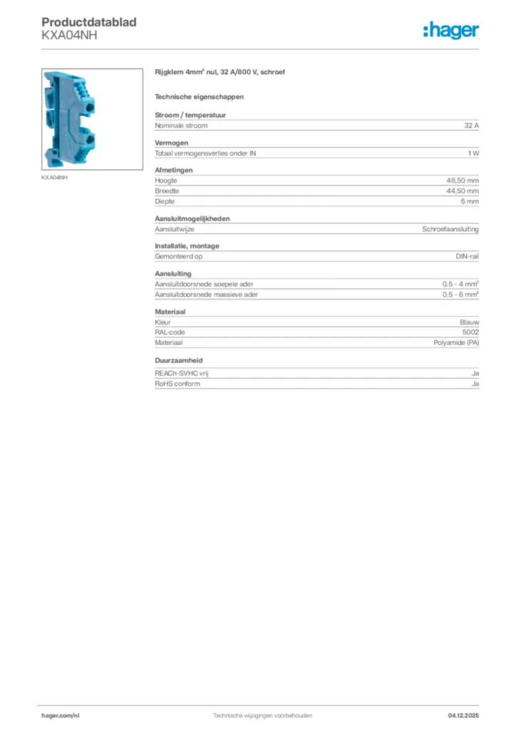 Afbeelding Hager Productdatablad KXA04NH | Hager Nederland