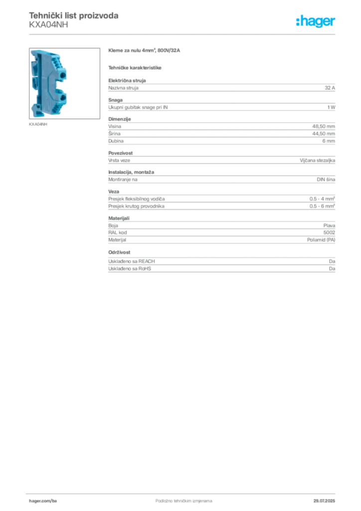 Slika Hager Product data sheet KXA04NH  | Hager