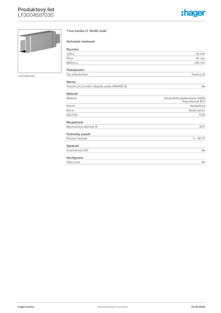 Obrázek Hager Product data sheet LF3004587030 | Hager