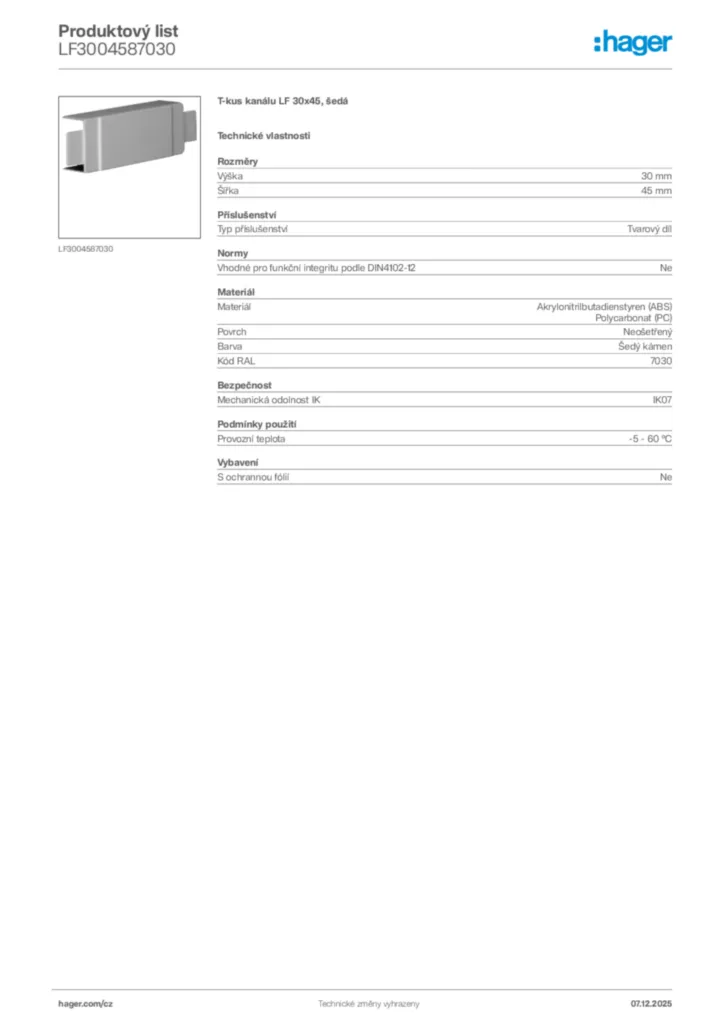 Obrázek Hager Product data sheet LF3004587030 | Hager