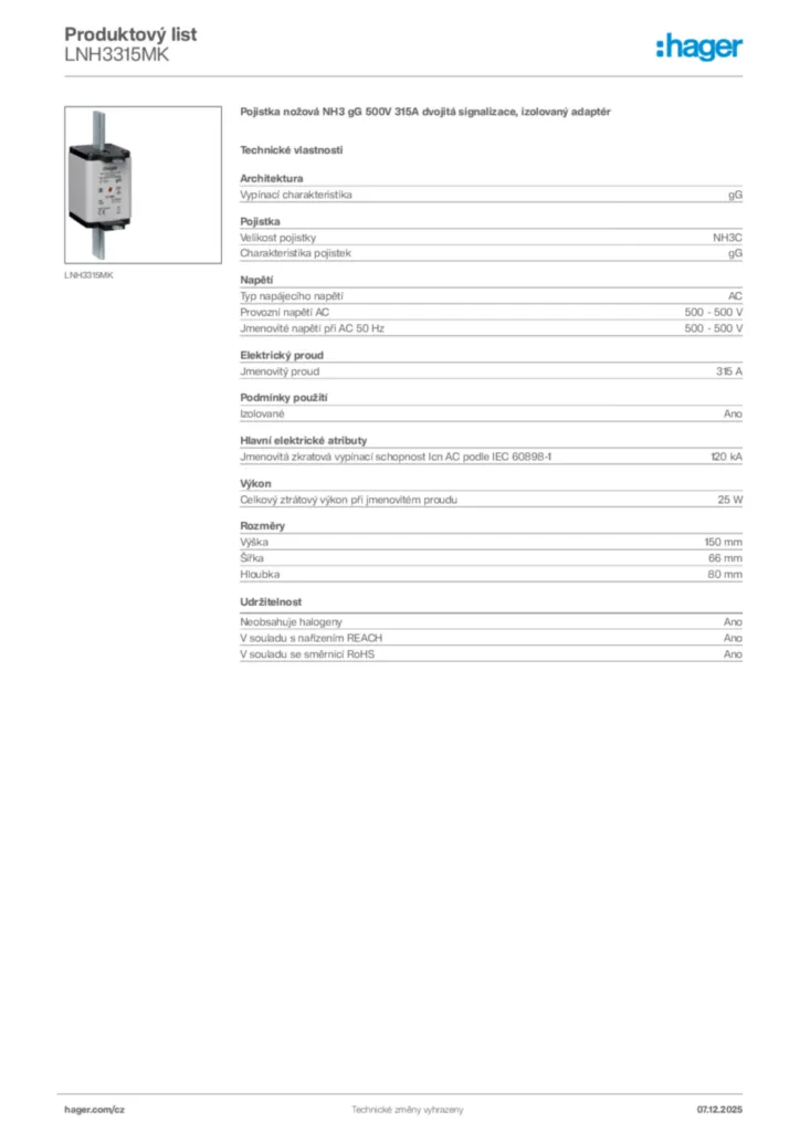 Obrázek Hager Product data sheet LNH3315MK | Hager