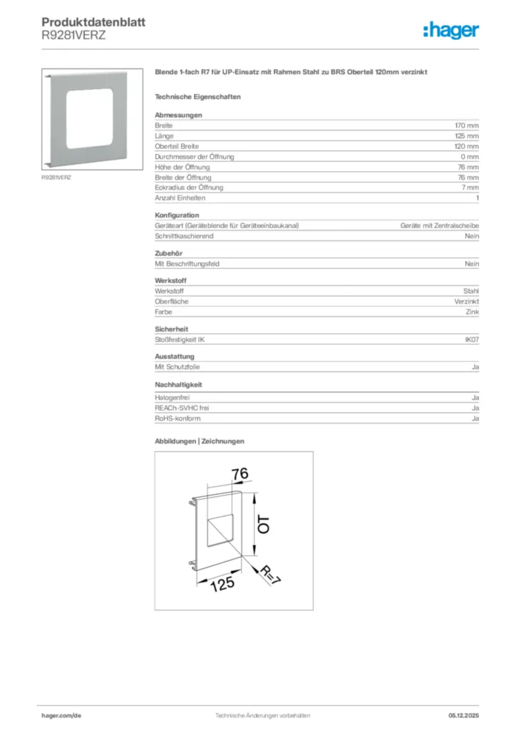 Hager Produktdatenblatt R9281VERZ