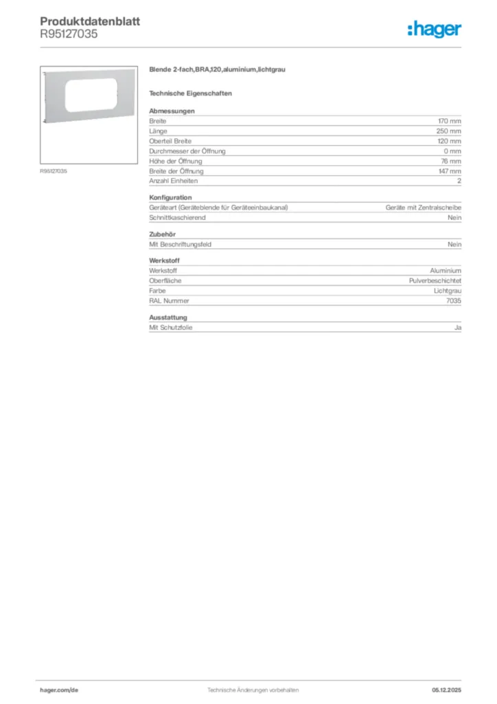 Bild Hager Produktdatenblatt R95127035 | Hager Deutschland