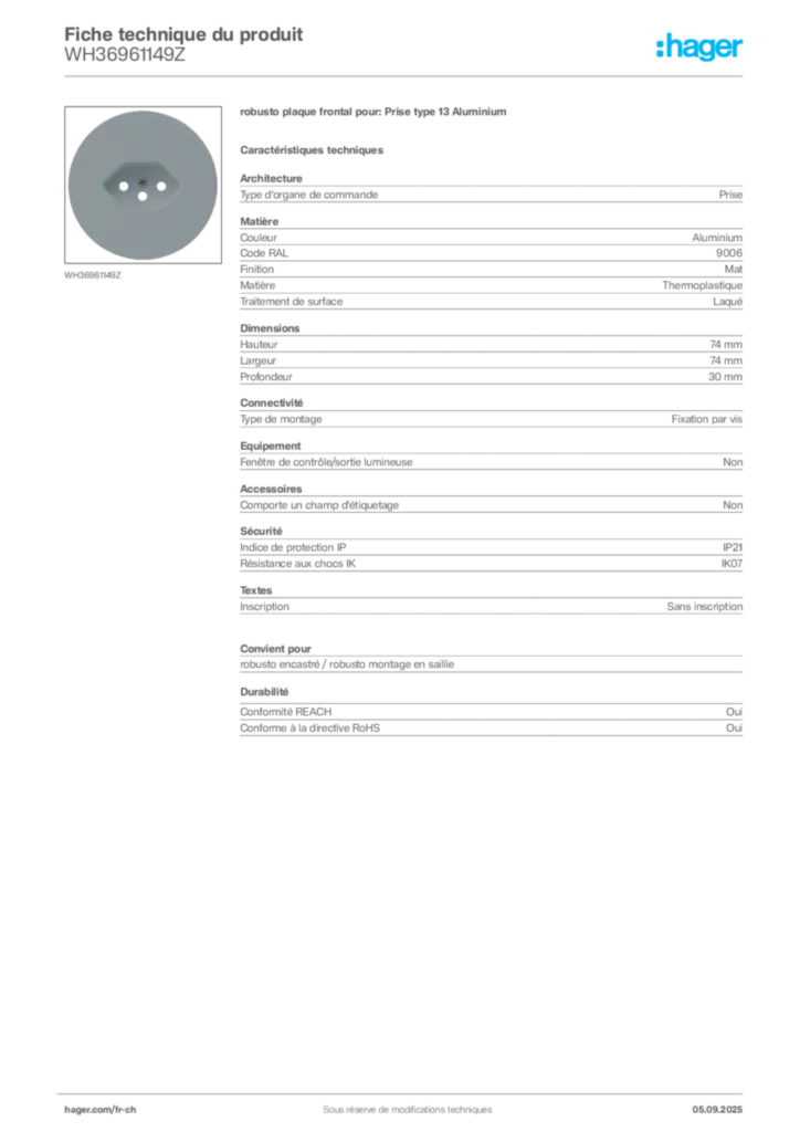 Image Hager Fiche technique du produit WH36961149Z | Hager Suisse