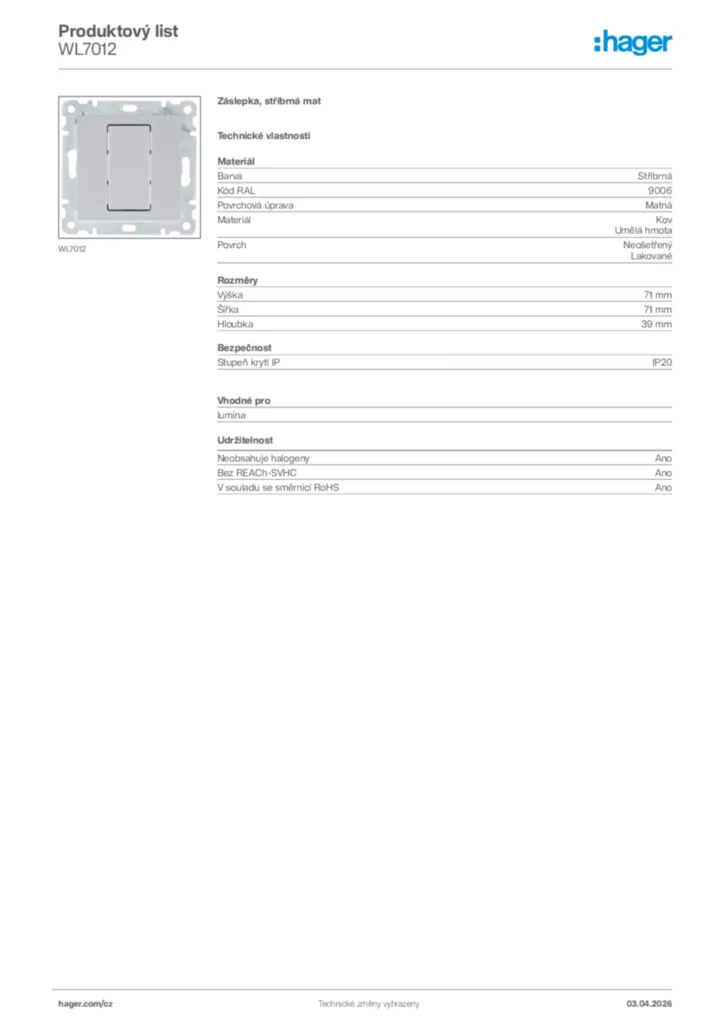 Obrázek Hager Product data sheet WL7012 | Hager
