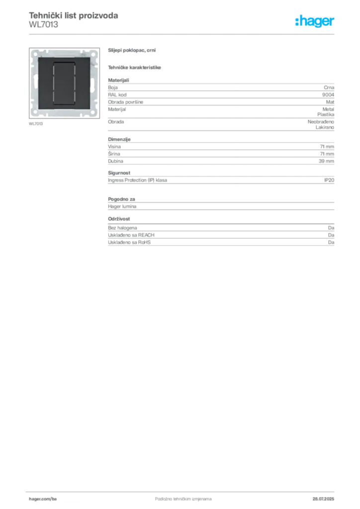 Slika Hager Product data sheet WL7013  | Hager