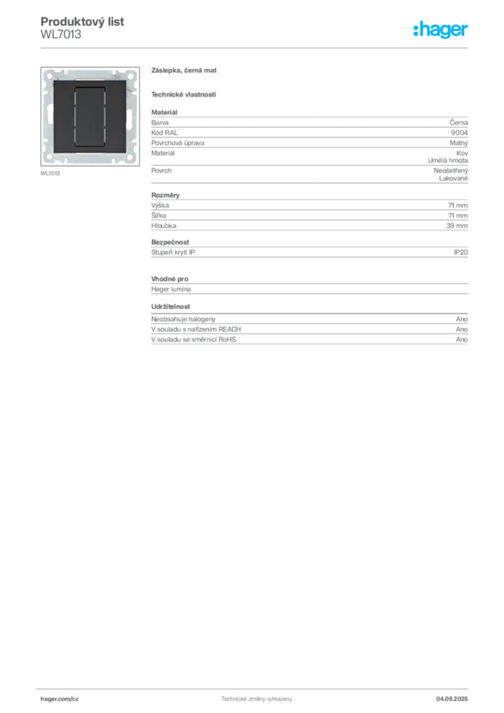 Obrázek Hager Produktový list WL7013 | Hager