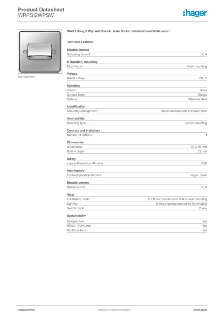 Image Hager Product data sheet WRPS12WPSW  | Hager