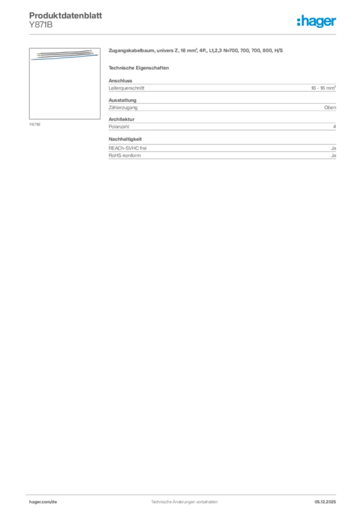 Hager Produktdatenblatt Y871B