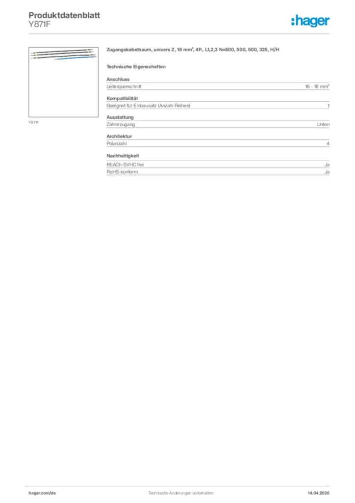 Bild Hager Produktdatenblatt Y871F | Hager Deutschland