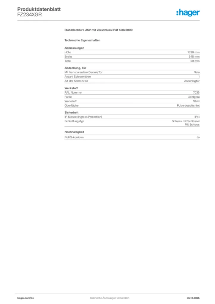 Bild Hager Produktdatenblatt FZ234XGR | Hager Deutschland