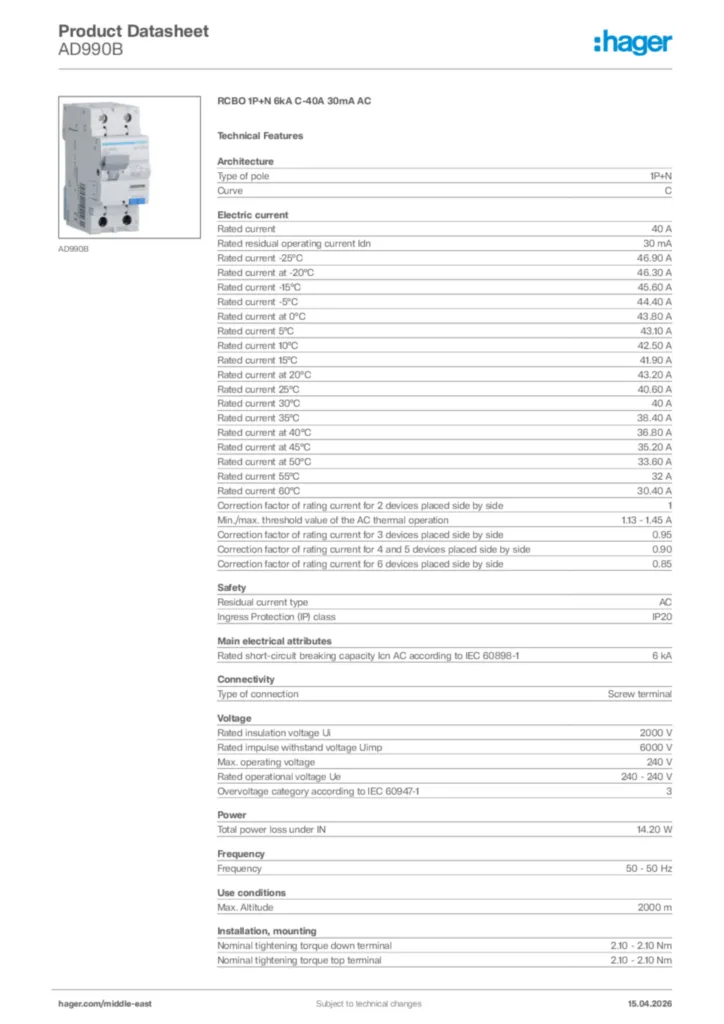 Image Hager Product data sheet AD990B  | Hager