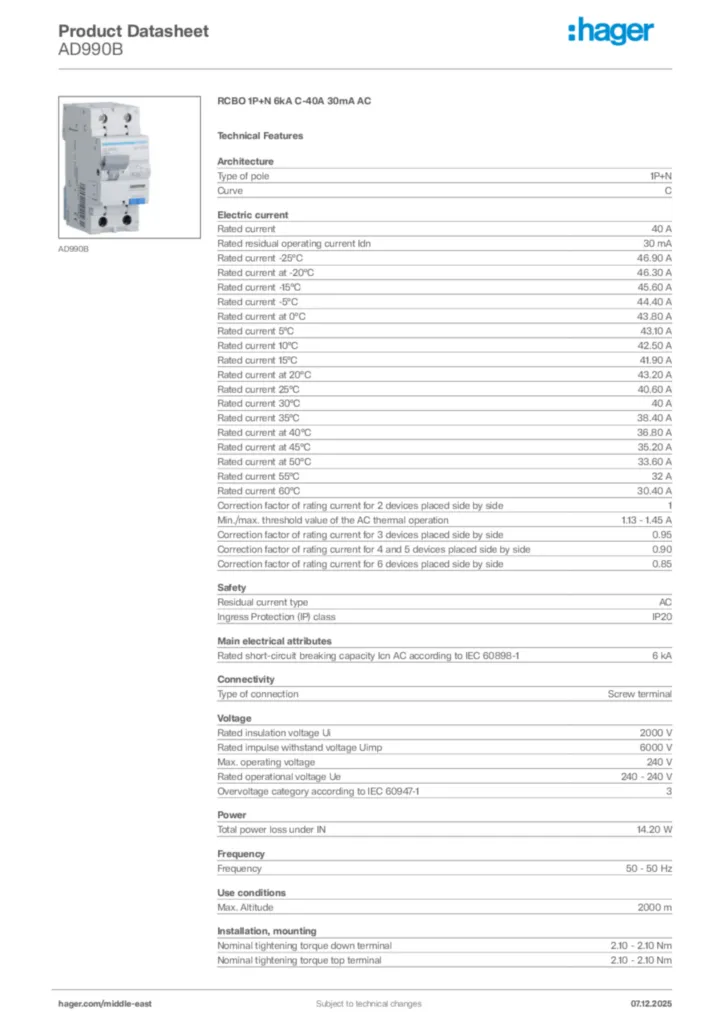 Image Hager Product data sheet AD990B  | Hager