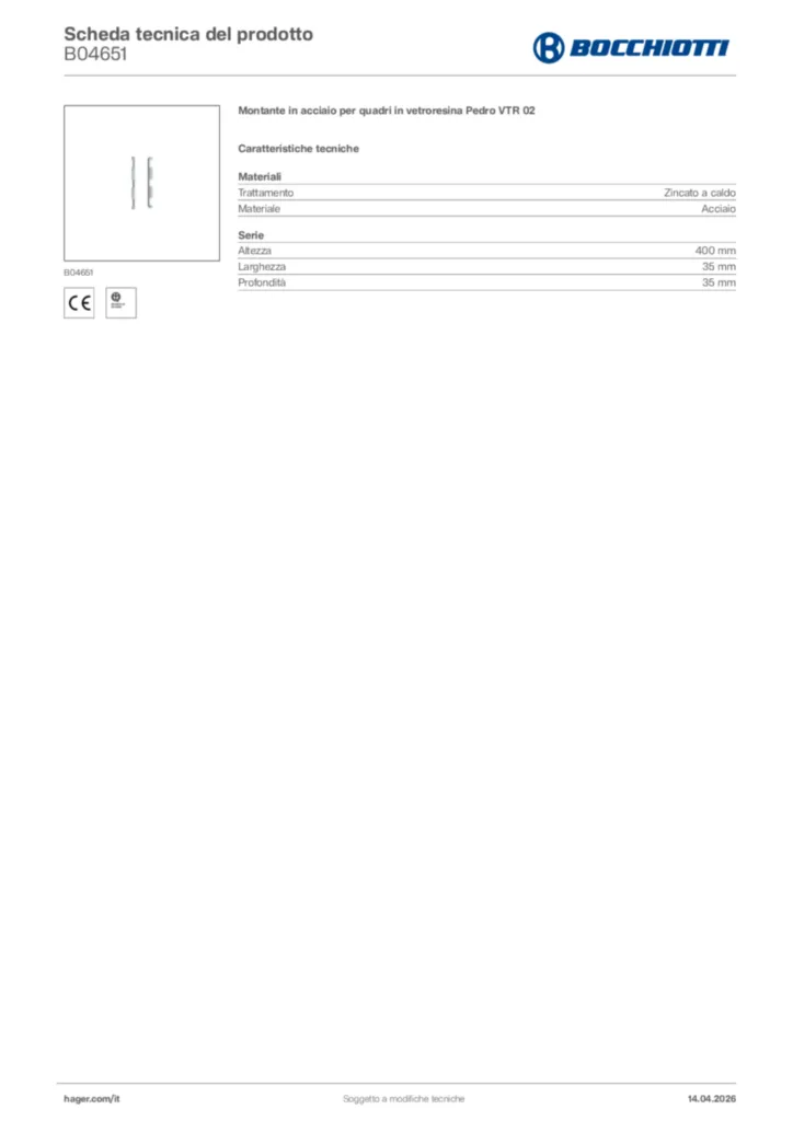 Immagine Bocchiotti Scheda tecnica del prodotto B04651 | Hager Italia