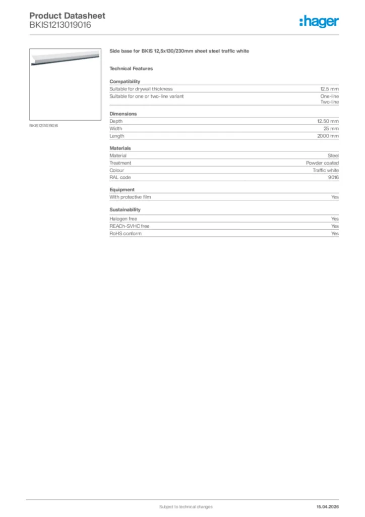Image Hager Product data sheet BKIS1213019016  | Hager Africa