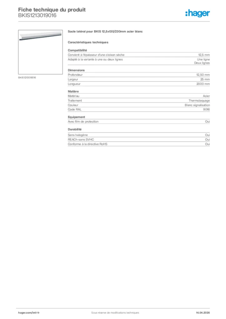 Image Hager Fiche technique du produit BKIS1213019016 | Hager Afrique