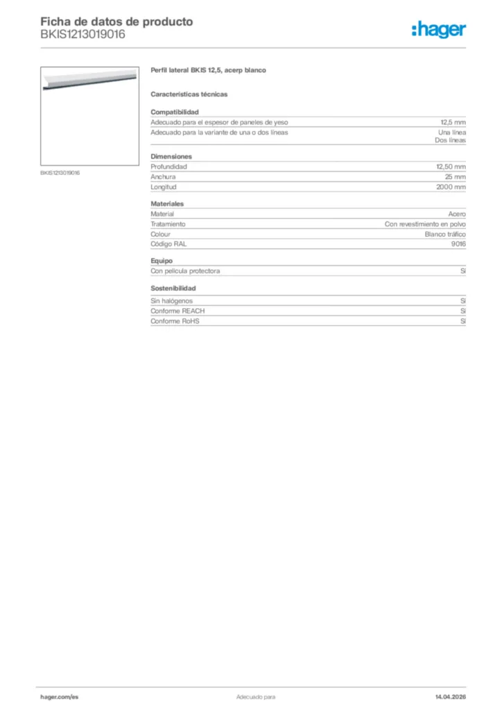 Imagen Hager Ficha de datos de producto BKIS1213019016 | Hager España