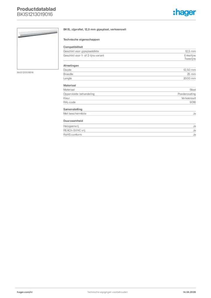 Afbeelding Hager Productdatablad BKIS1213019016 | Hager Nederland